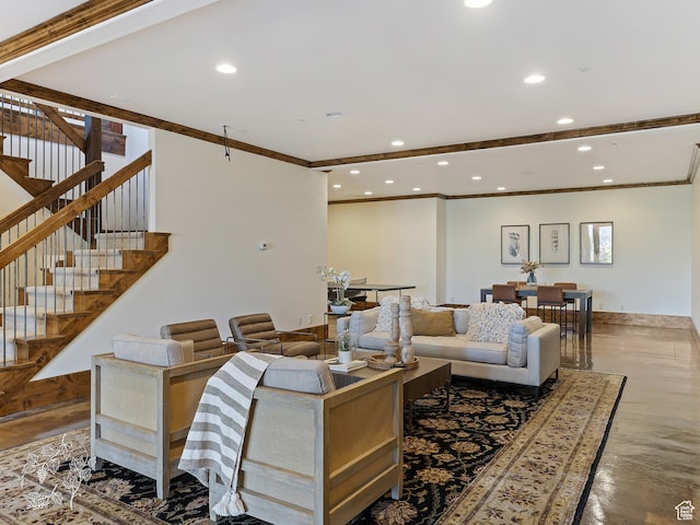 865 N Valley View Dr, Eden, UT 84310 - living room featuring stairway, recessed lighting, crown molding, and baseboards