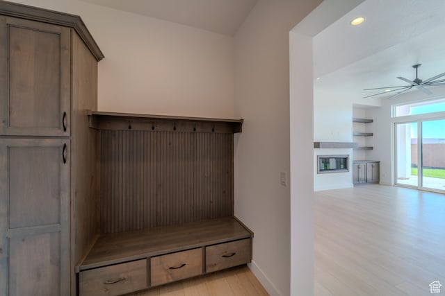 3092 E 2110th St S, St George, UT 84790 - mudroom with baseboards, a ceiling fan, light wood-style floors, a glass covered fireplace, and recessed lighting