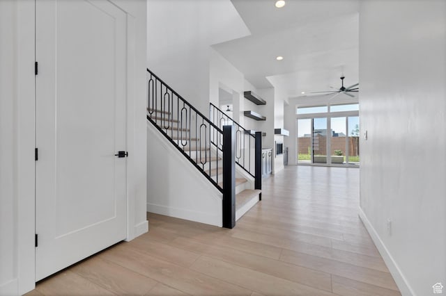 3092 E 2110th St S, St George, UT 84790 - foyer entrance with light wood-style flooring, stairs, ceiling fan, and recessed lighting