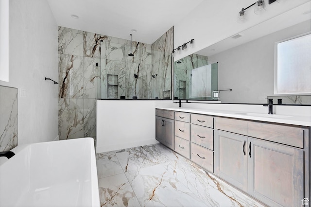 3092 E 2110th St S, St George, UT 84790 - bathroom with marble tiled floors, a marble finish shower, double vanity, and a soaking tub