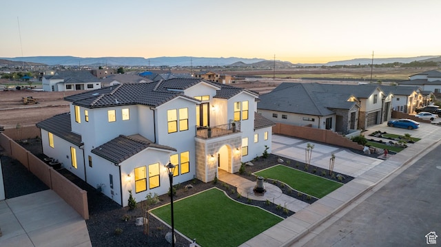 3092 E 2110th St S, St George, UT 84790 - view of front of property with a balcony, stucco siding, a mountain view, a residential view, and a tile roof