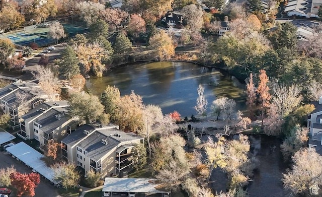 drone / aerial view with a water view