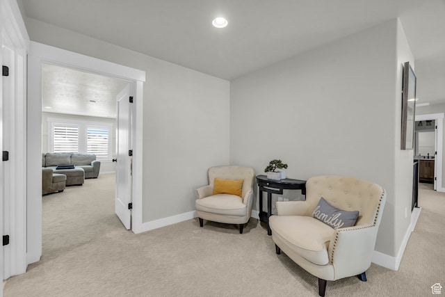living area featuring light colored carpet