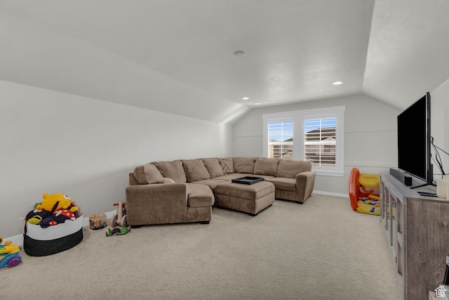 living room with light carpet and lofted ceiling
