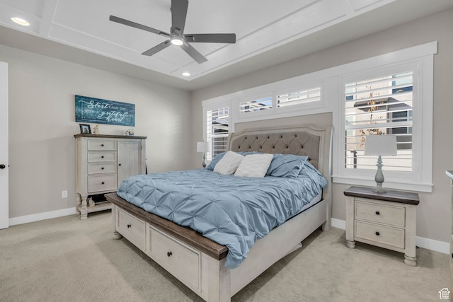carpeted bedroom with ceiling fan