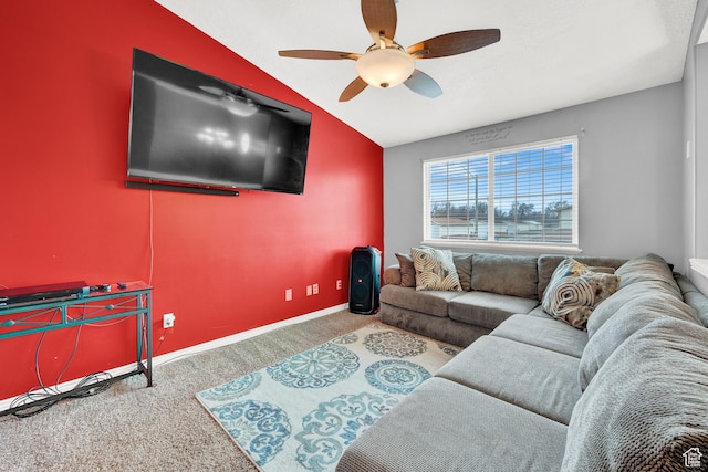 2778 W 5400 S, Roy, UT 84067 - living room featuring carpet flooring, ceiling fan, vaulted ceiling, and baseboards