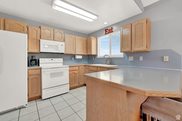 2778 W 5400 S, Roy, UT 84067 - kitchen with white appliances, light brown cabinetry, a peninsula, and a sink