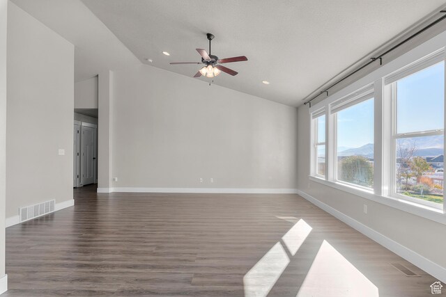 2388 E Horizon Dr Unit 907, Eagle Mountain, UT 84005 - unfurnished room featuring a ceiling fan, recessed lighting, wood finished floors, baseboards, and high vaulted ceiling