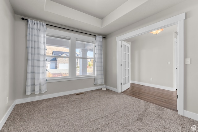 empty room with a raised ceiling and carpet floors
