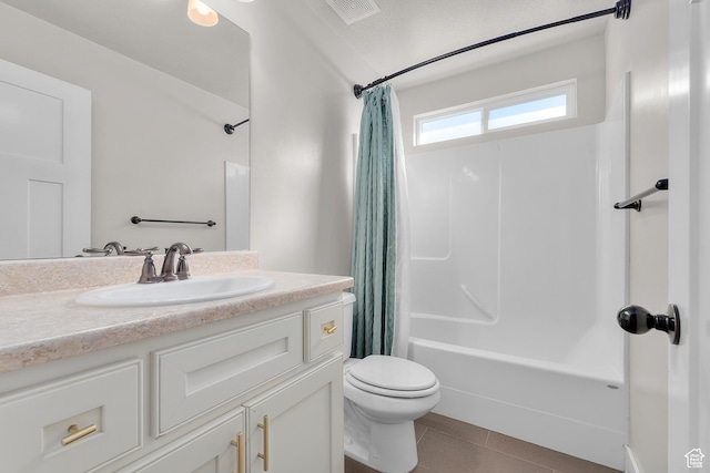 2388 E Horizon Dr Unit 907, Eagle Mountain, UT 84005 - bathroom with vanity, shower / bathtub combination with curtain, toilet, and tile patterned floors