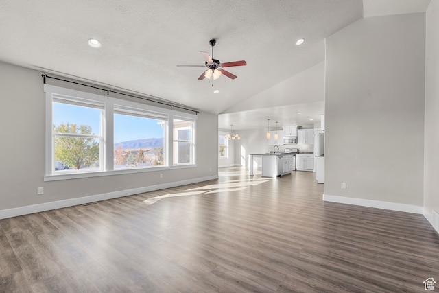 unfurnished living room with a mountain view, a textured ceiling, dark hardwood / wood-style floors, and high vaulted ceiling