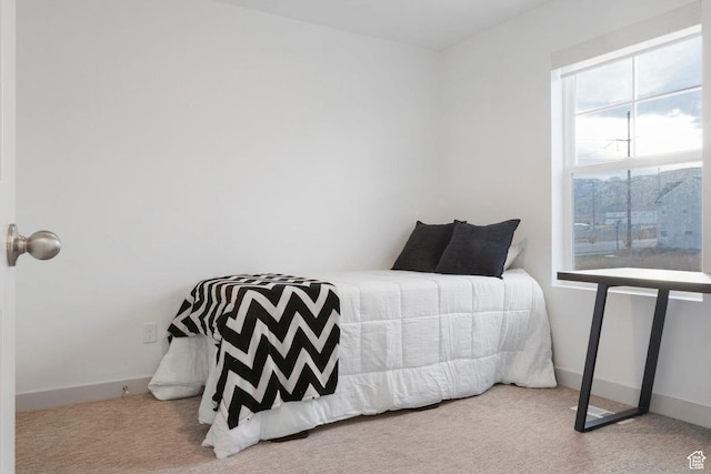 bedroom with light colored carpet