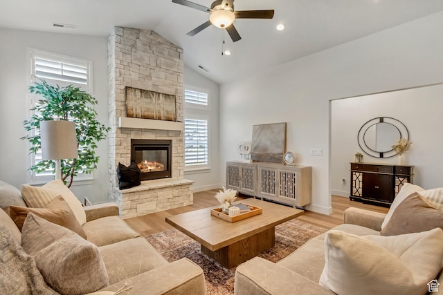 786 S 1260 W Unit 119, Heber City, UT 84032 - living room featuring a ceiling fan, high vaulted ceiling, light wood-style flooring, a fireplace, and recessed lighting