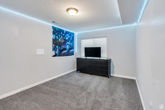 interior space featuring carpet flooring and a textured ceiling