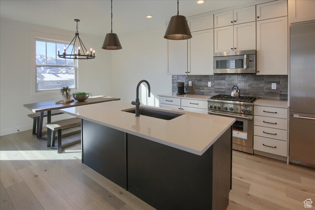 11687 N Shoreline Dr, Hideout, UT 84036 - kitchen featuring stainless steel appliances, white cabinetry, and a kitchen island with sink