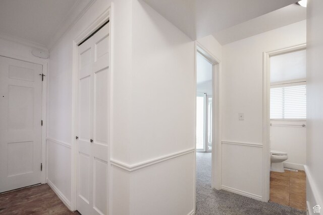 hall with hardwood / wood-style flooring and crown molding