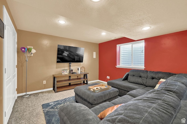 10877 N Wallace Ln E, Tremonton, UT 84337 - living area featuring a textured ceiling, baseboards, carpet floors, and recessed lighting