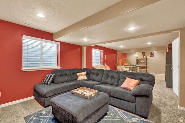 10877 N Wallace Ln E, Tremonton, UT 84337 - carpeted living room featuring a textured ceiling, baseboards, and recessed lighting