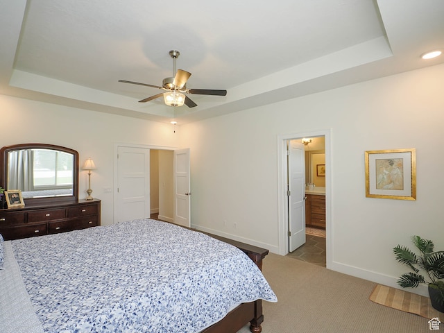 1766 S Degiorgio W, Taylor, UT 84401 - bedroom with carpet, connected bathroom, a raised ceiling, and ceiling fan