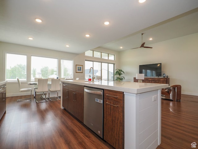 1766 S Degiorgio W, Taylor, UT 84401 - kitchen featuring ceiling fan, dishwasher, sink, dark wood-type flooring, and an island with sink