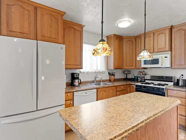 3689 W 5215 S, Taylorsville, UT 84129 - kitchen with a textured ceiling, white appliances, a sink, decorative light fixtures, and a center island