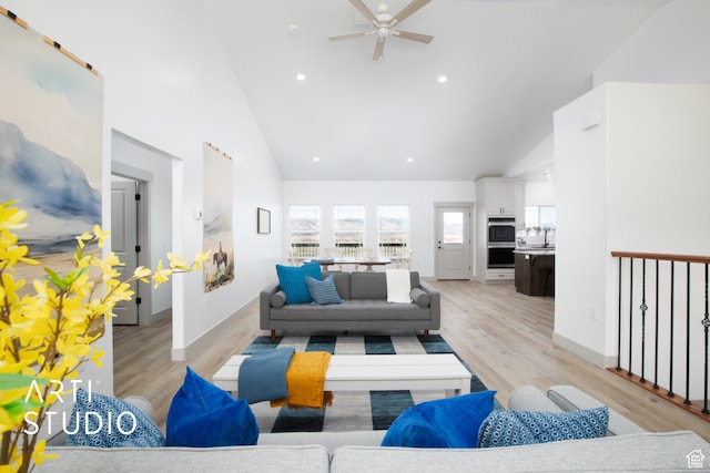 1242 S 500 W Unit 07, Manti, UT 84642 - living room featuring light hardwood / wood-style flooring, high vaulted ceiling, and ceiling fan
