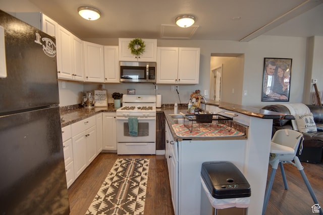 410 N Main St, Beaver, UT 84713 - kitchen with stainless steel microwave, freestanding refrigerator, white range with gas stovetop, a peninsula, and dark wood-style floors