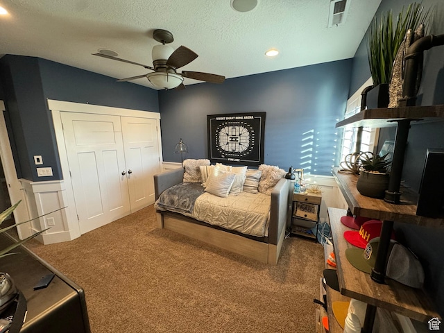 106 E 710 N, Lindon, UT 84042 - carpeted bedroom with a textured ceiling, wainscoting, a ceiling fan, a closet, and recessed lighting