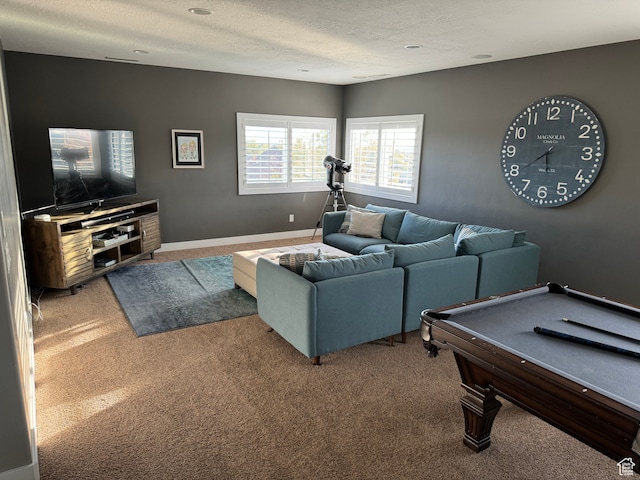 106 E 710 N, Lindon, UT 84042 - carpeted living room featuring a textured ceiling and billiards