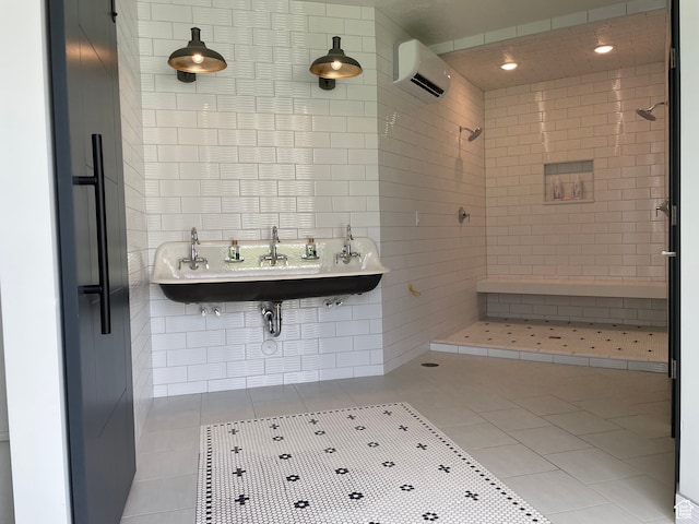 106 E 710 N, Lindon, UT 84042 - bathroom with sink, tile patterned flooring, tile walls, tiled shower, and a wall mounted AC