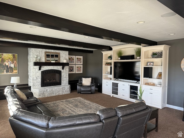 106 E 710 N, Lindon, UT 84042 - carpeted living room featuring beamed ceiling and a fireplace