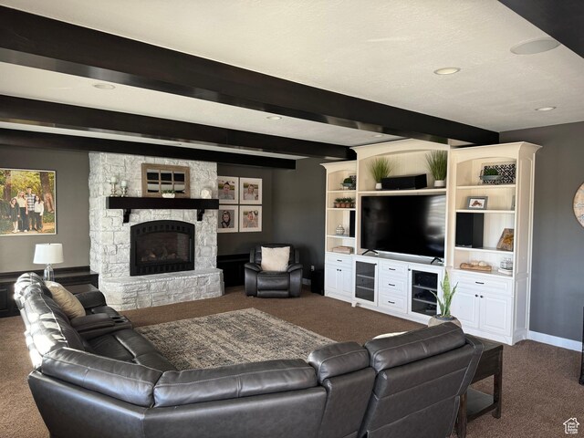 106 E 710 N, Lindon, UT 84042 - living area with carpet floors, beamed ceiling, a stone fireplace, and recessed lighting