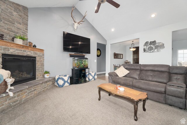5361 N 4500 E, Roosevelt, UT 84066 - living room with ceiling fan, carpet flooring, a stone fireplace, high vaulted ceiling, and recessed lighting