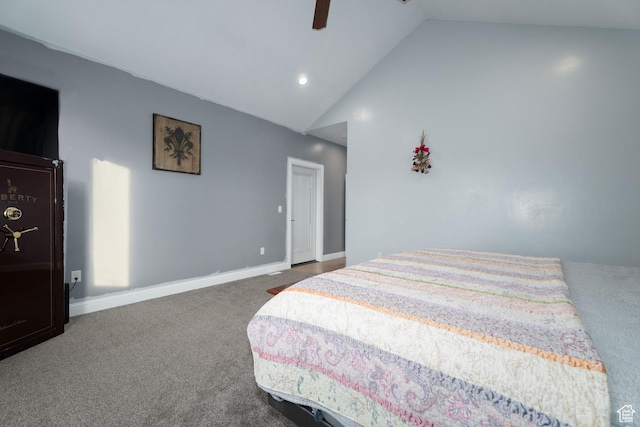 5361 N 4500 E, Roosevelt, UT 84066 - bedroom with lofted ceiling, dark carpet, a ceiling fan, baseboards, and recessed lighting