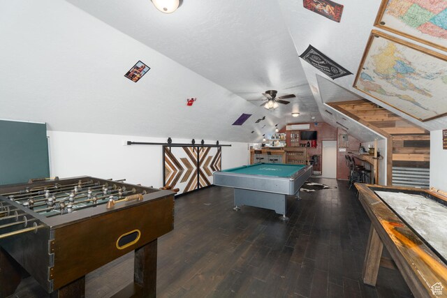 5361 N 4500 E, Roosevelt, UT 84066 - recreation room featuring vaulted ceiling, wood finished floors, ceiling fan, and billiards table