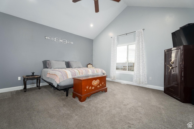 5361 N 4500 E, Roosevelt, UT 84066 - bedroom with high vaulted ceiling, carpet, baseboards, and a ceiling fan