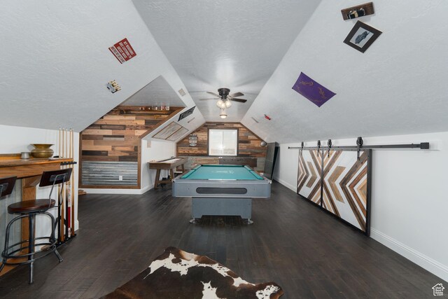 5361 N 4500 E, Roosevelt, UT 84066 - playroom with baseboards, a textured ceiling, hardwood / wood-style floors, lofted ceiling, and wooden walls