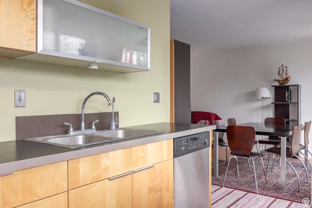 241 N Vine St Unit 205W, Salt Lake City, UT 84103 - kitchen featuring stainless steel dishwasher, a sink, light wood-type flooring, and light brown cabinetry