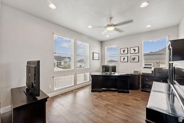 2118 N Snowy Crane Dr, Clinton, UT 84015 - home office featuring ceiling fan, dark wood finished floors, a textured ceiling, recessed lighting, and baseboards
