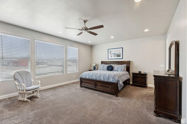 2118 N Snowy Crane Dr, Clinton, UT 84015 - carpeted bedroom featuring baseboards, ceiling fan, recessed lighting, and a textured ceiling