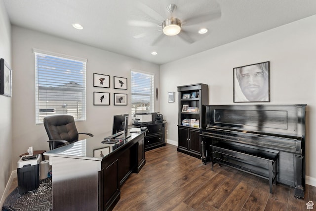 2118 N Snowy Crane Dr, Clinton, UT 84015 - office area with ceiling fan, dark wood-style flooring, baseboards, and recessed lighting