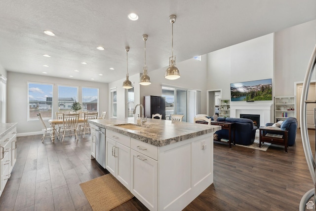 2118 N Snowy Crane Dr, Clinton, UT 84015 - kitchen with a sink, dark wood-type flooring, an island with sink, a warm lit fireplace, and recessed lighting
