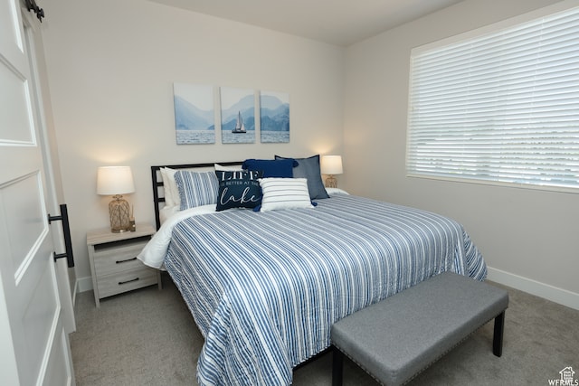 bedroom featuring light colored carpet