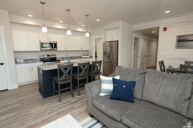 living room with wood walls, sink, and light hardwood / wood-style flooring