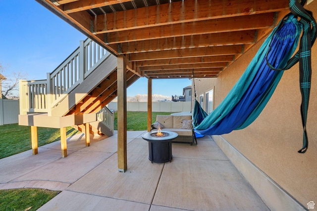 758 W Cedar View Dr, Saratoga Springs, UT 84045 - fenced backyard featuring a patio, a fire pit, and stairway