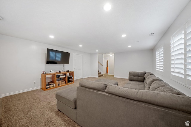 758 W Cedar View Dr, Saratoga Springs, UT 84045 - living room featuring recessed lighting, stairs, and carpet flooring