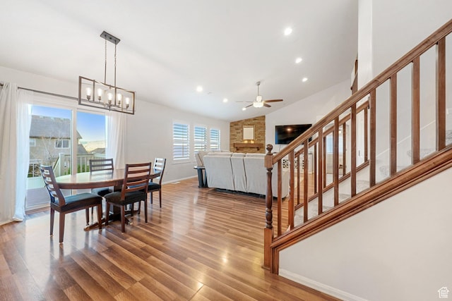 758 W Cedar View Dr, Saratoga Springs, UT 84045 - dining room featuring ceiling fan, stairs, lofted ceiling, wood finished floors, and recessed lighting