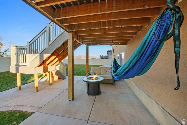 758 W Cedar View Dr, Saratoga Springs, UT 84045 - view of patio / terrace featuring a fire pit and stairway