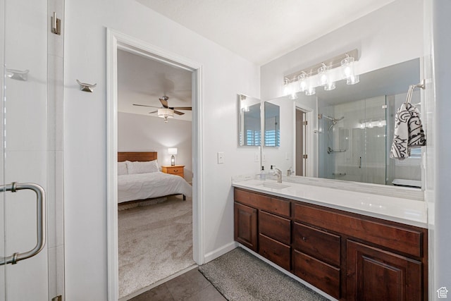 758 W Cedar View Dr, Saratoga Springs, UT 84045 - full bath with double vanity, a shower stall, ensuite bath, tile patterned flooring, and ceiling fan