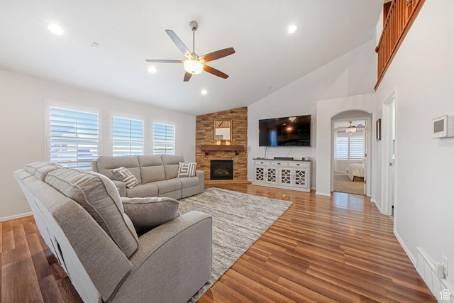 758 W Cedar View Dr, Saratoga Springs, UT 84045 - living area with ceiling fan, plenty of natural light, wood finished floors, recessed lighting, and high vaulted ceiling